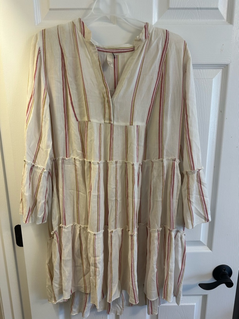 Elan Cream dress with Rust Pink and Olive Stripes